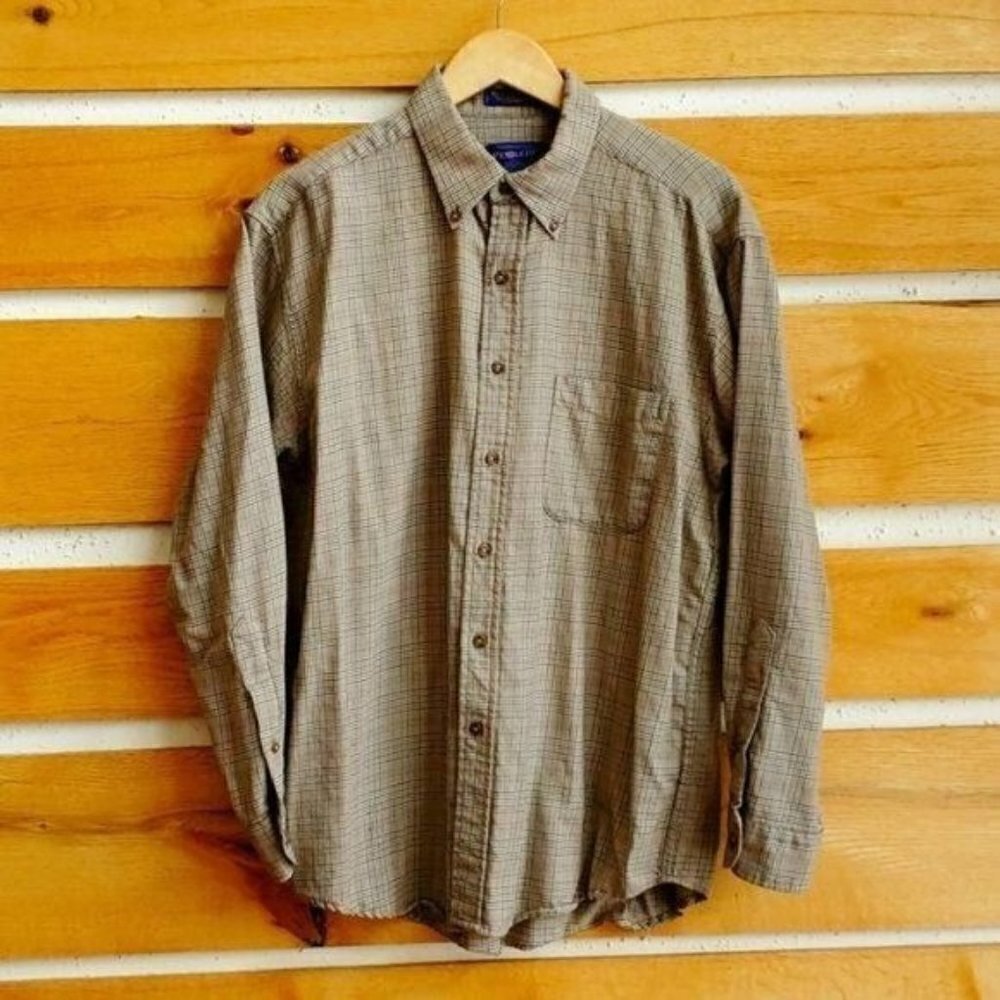 Pendleton Vintage Sz L‎ Brown Plaid 100% Wool LS Casual Button Shirt w Pockets